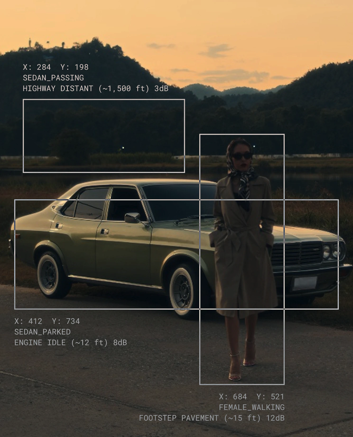 Lana scanning a video frame, detecting sound events on a timeline