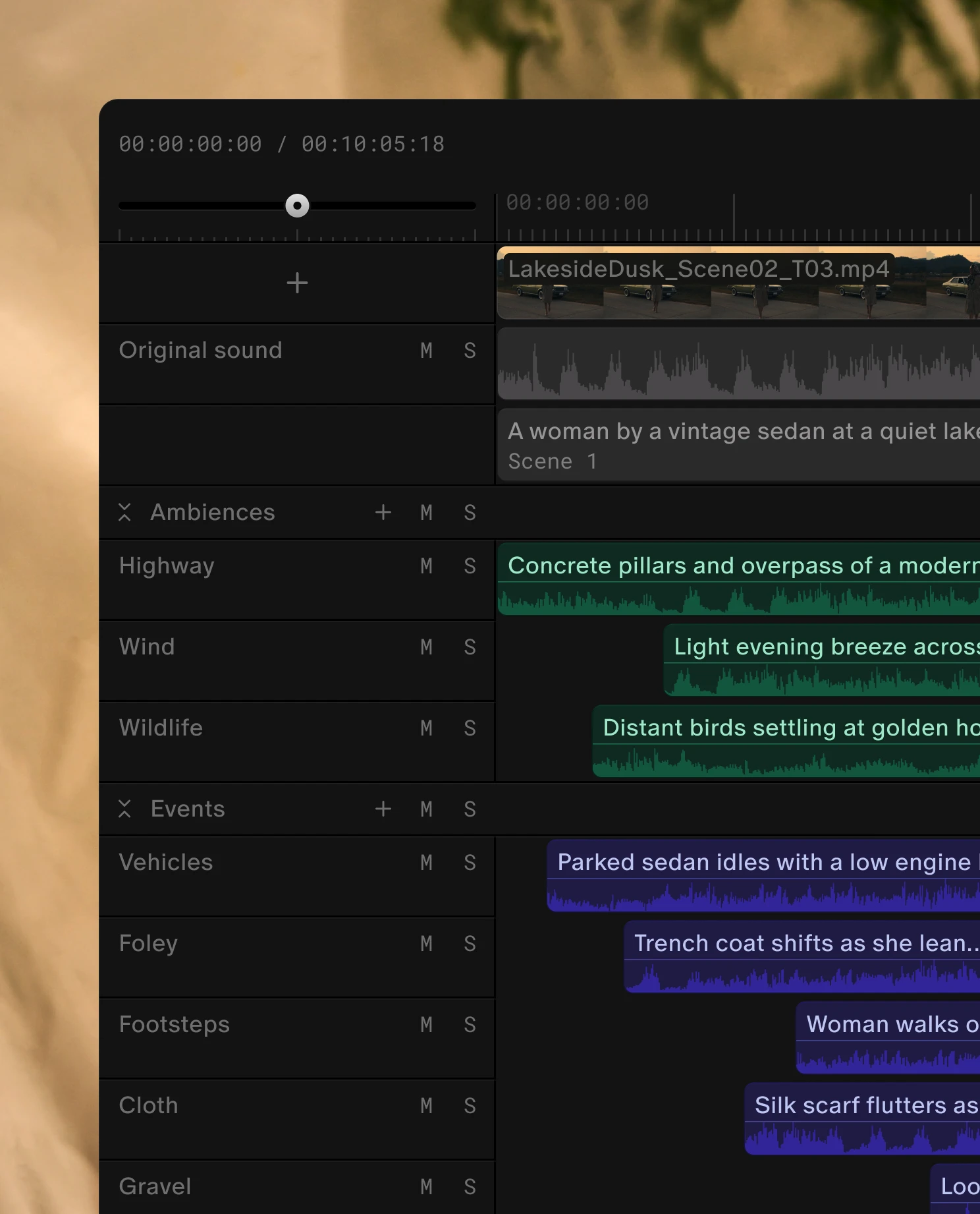 Sound clips arranged on a multi-track timeline