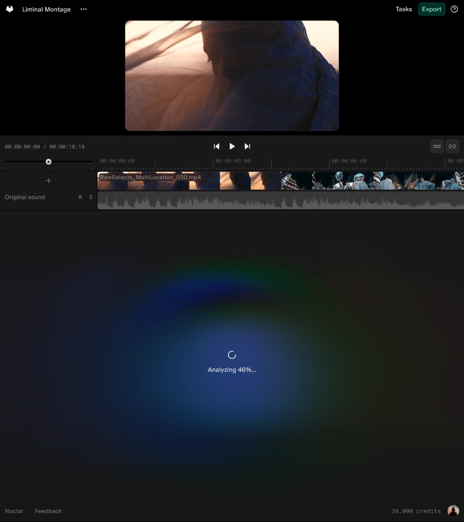 Noctal editor analyzing a clip and preparing Auto Foley placements on the timeline