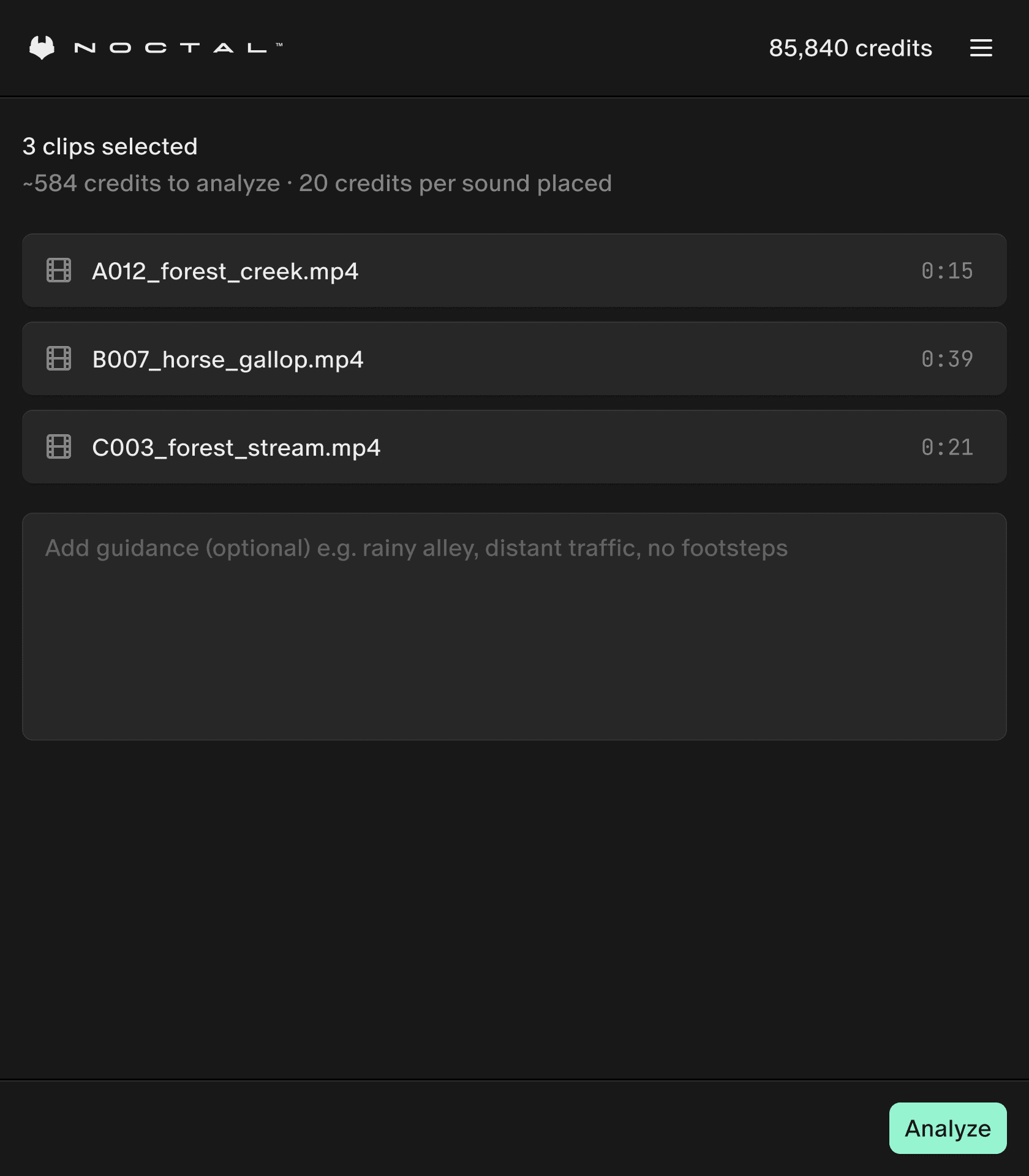 Lana plugin panel with three clips selected and an Analyze button