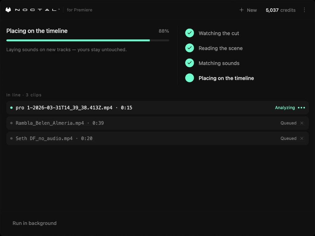 Lana for Premiere Pro placing sounds on the timeline at 88%