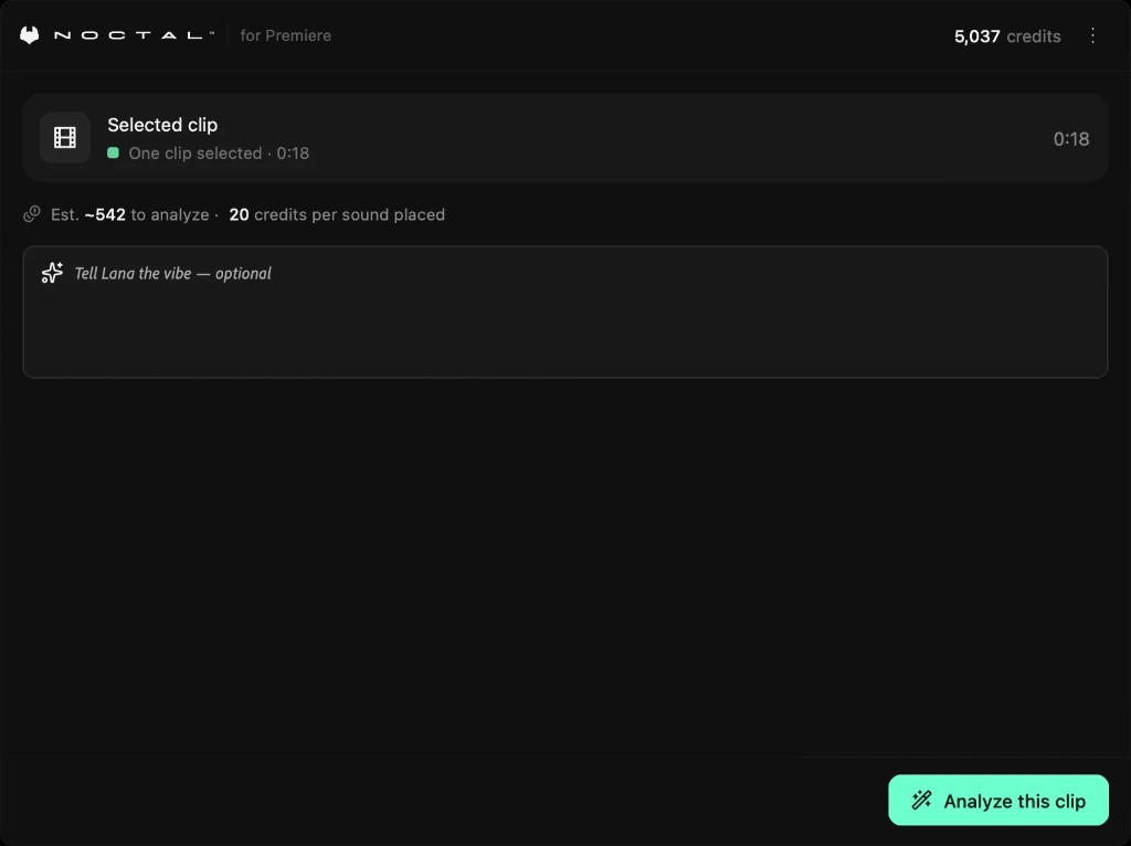 Lana plugin panel with a clip selected and Analyze this clip button