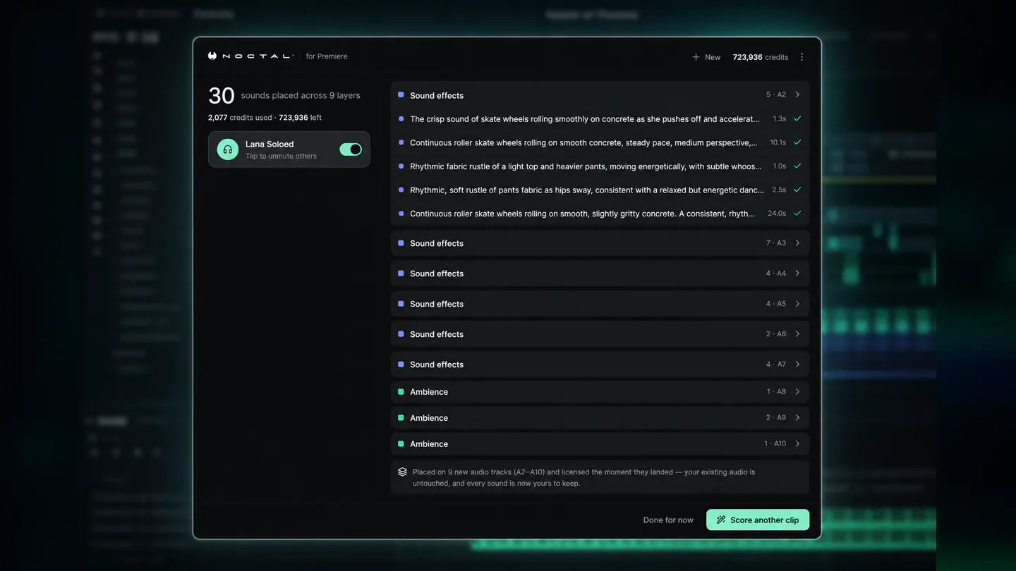 Lana for Premiere Pro showing completed sound placements